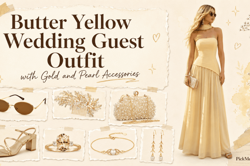 Best Butter Yellow Wedding Guest Outfit with Gold and Pearl Accessories