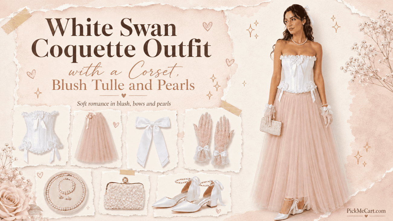 White Swan Coquette Outfit with a Corset, Blush Tulle and Pearls