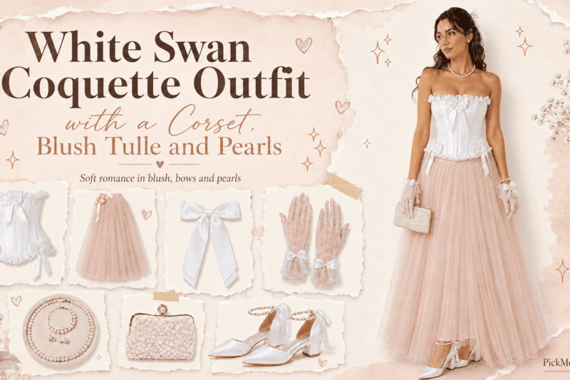 White Swan Coquette Outfit with a Corset, Blush Tulle and Pearls