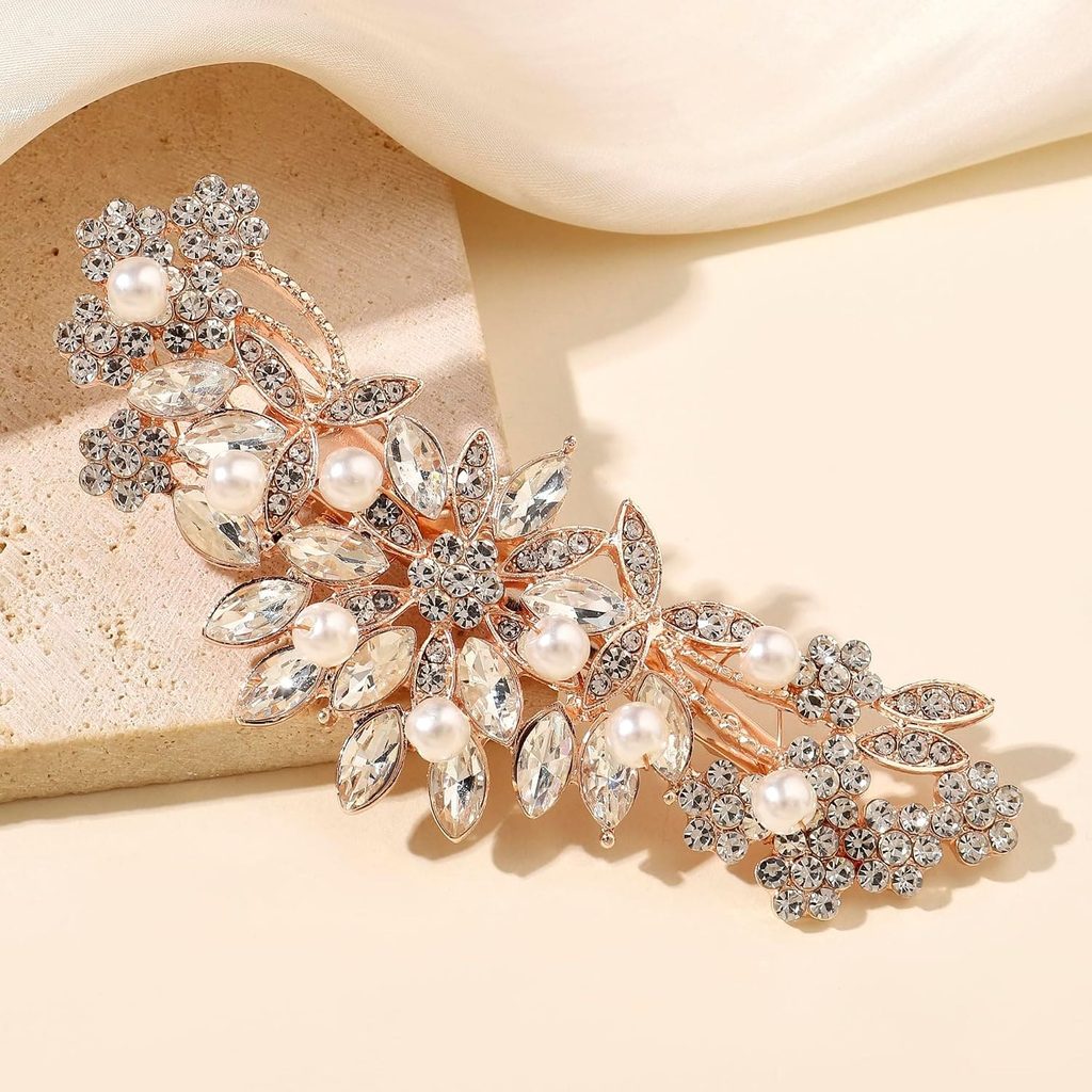 Rose-gold floral hair clip with rhinestones and faux pearls