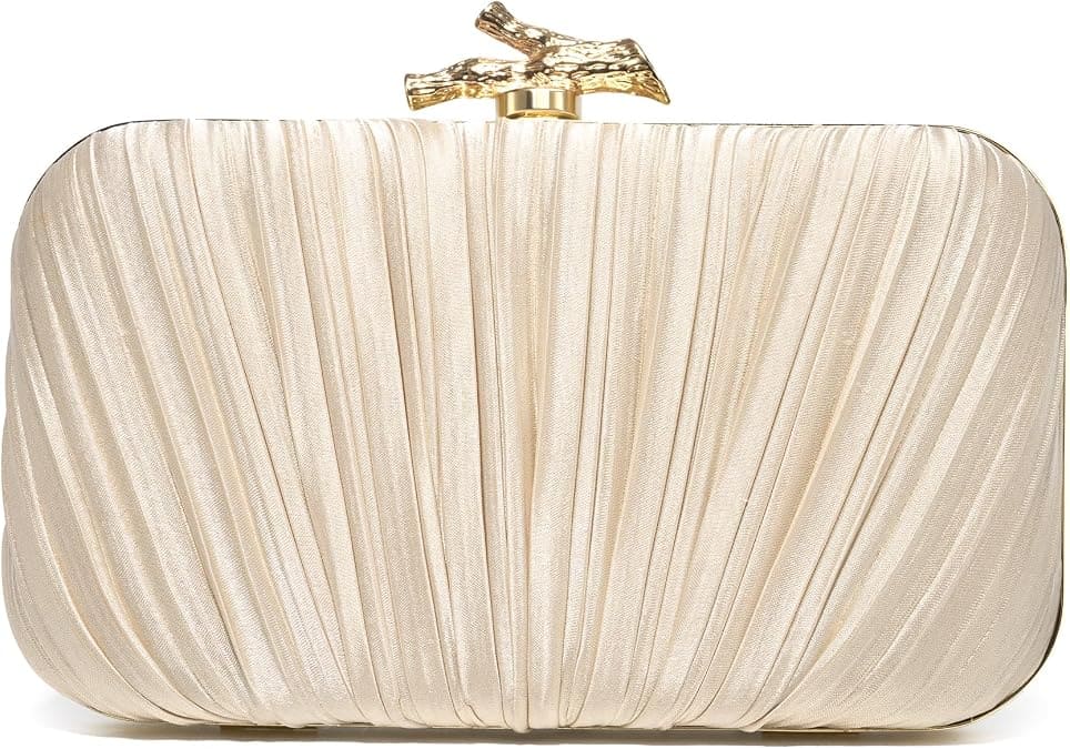 Champagne pleated formal evening clutch with decorative branch clasp