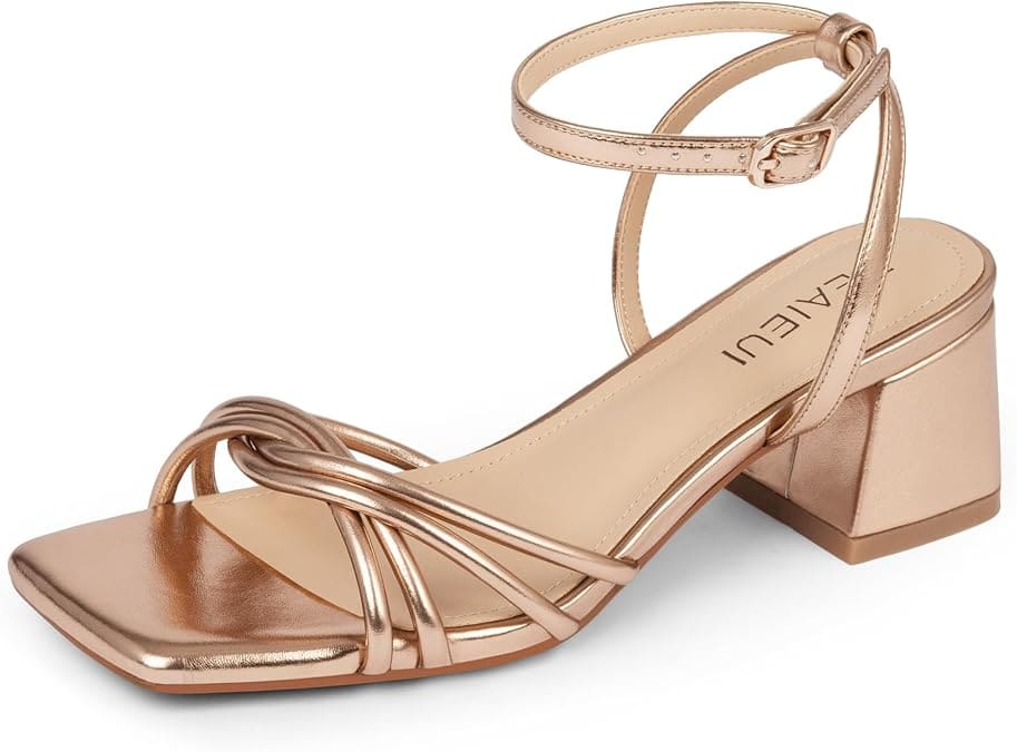 Rose-gold square-toe ankle-strap sandals with 2-inch block heel