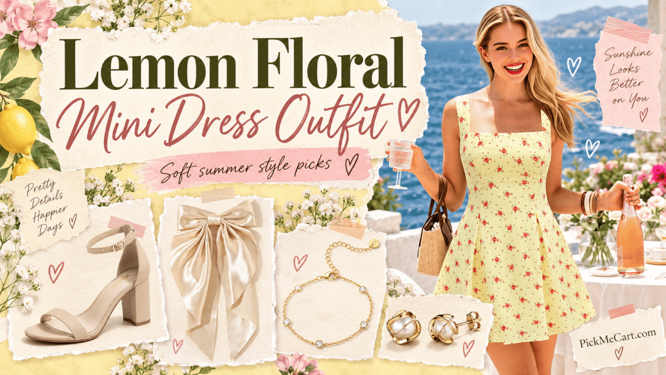 Woman wearing a lemon yellow floral mini dress styled with nude heels, pearl jewelry, a champagne bow and summer accessories