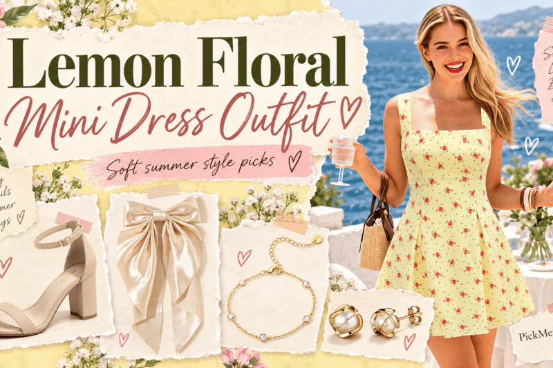 Woman wearing a lemon yellow floral mini dress styled with nude heels, pearl jewelry, a champagne bow and summer accessories