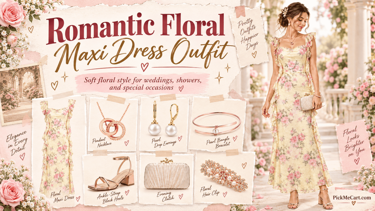Woman wearing a light-yellow floral maxi dress with rose-gold heels, pearl jewelry, champagne clutch and floral hair accessory