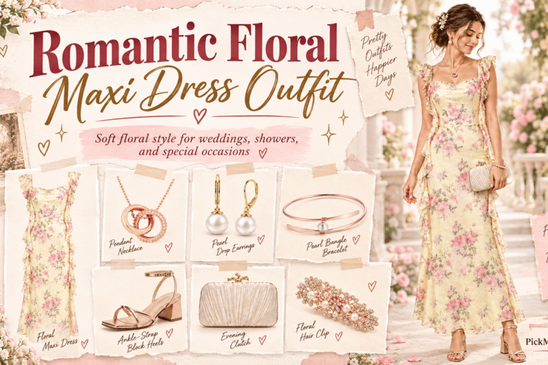 Woman wearing a light-yellow floral maxi dress with rose-gold heels, pearl jewelry, champagne clutch and floral hair accessory